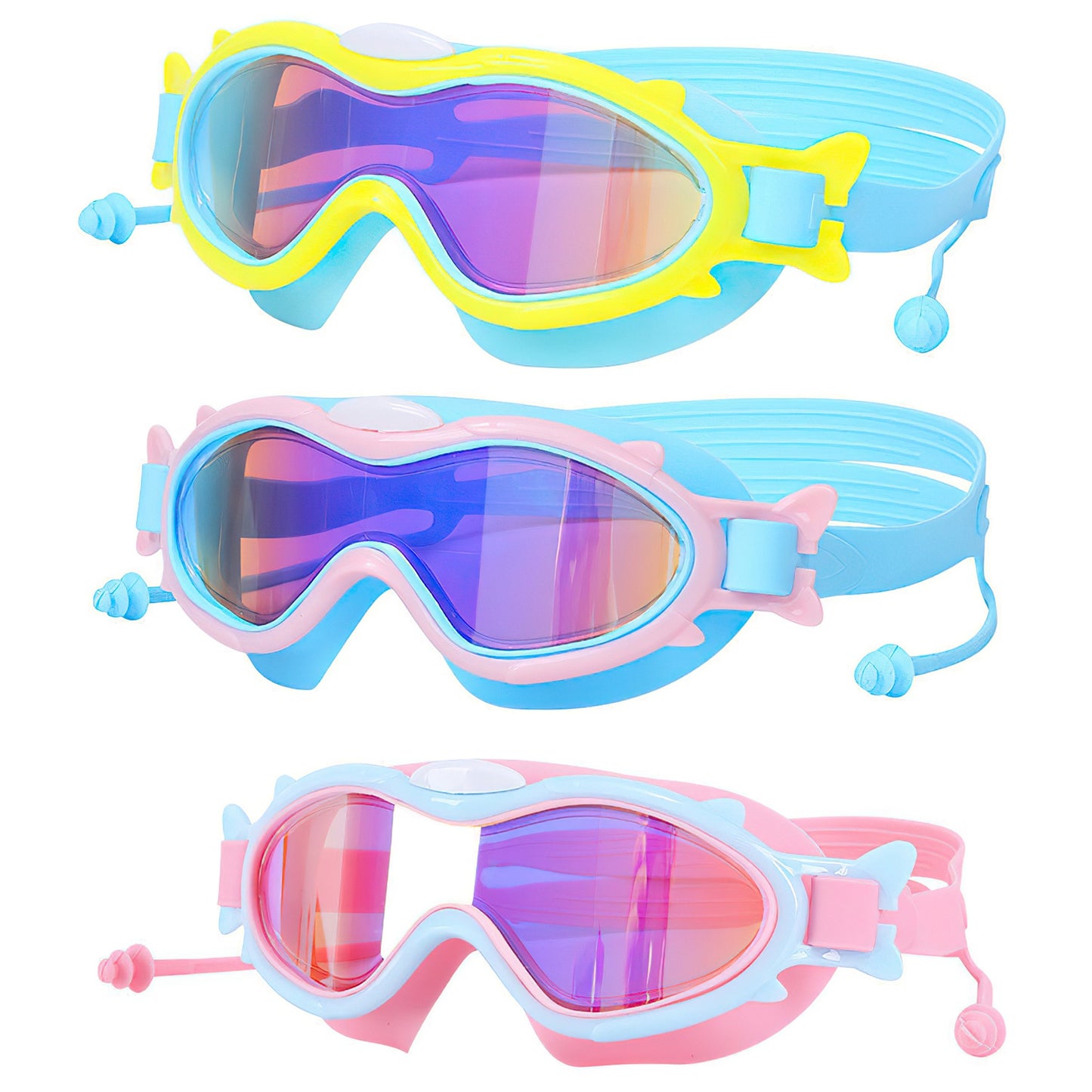 3 Colors Option - 1Pc Kids Swim Goggles With Ear Plugs For Kids UV Protection Anti-Fog Leak Proof Wide View Pool Swimming Goggles For Youth Boys Girls Aged 3-16 Years Old Summer Beach Water Park
