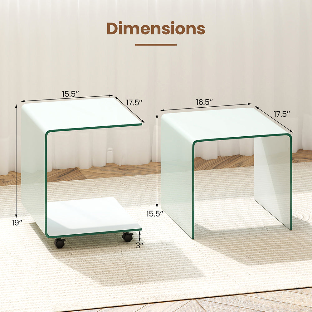 C Shaped End Table Modern Tempered Glass Side Table With Shelf With 4 Swivel Lockable Wheels Coffee Table, Snack Table, Sofa Table, Laptop Table