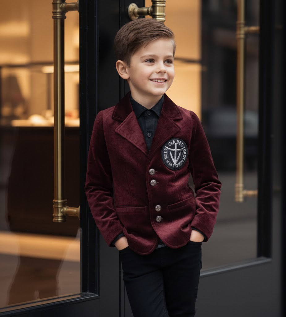 Boy Formal Suit Birthday Party Jacket Velvet Blazer Wine Red 3-7y Slim Fit