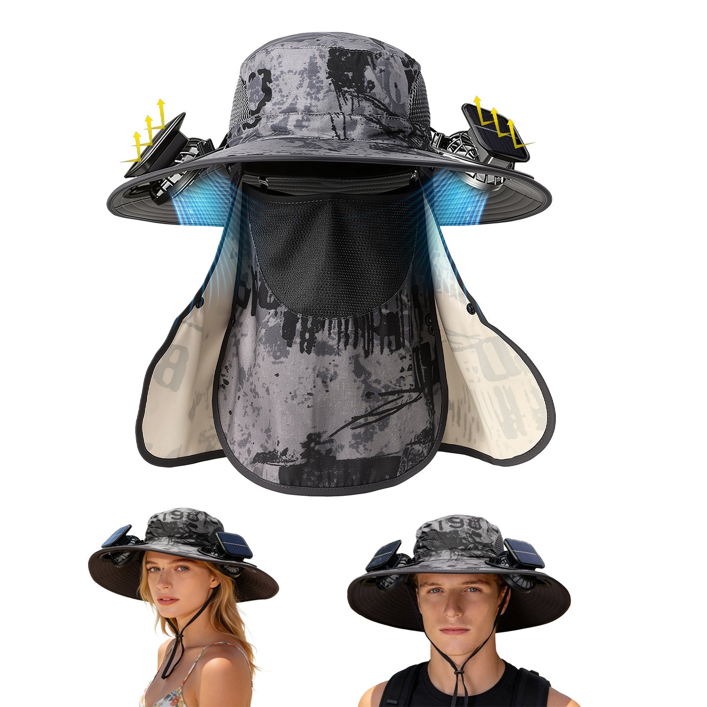 1Pc 2 In 1 Solar Fan Hat UPF50 Sun Hat With Fans Wide Brim Fishing Hat With Face Cover Neck Flap Solar USB Charging For Hiking Gardening Outdoor Work
