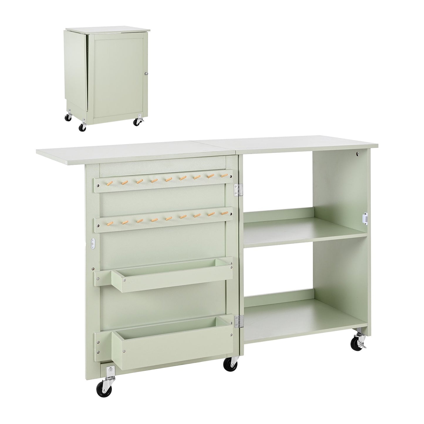 Folding Sewing Table, Multipurpose Sewing Machine Table With Compact Design, Wheels, Wooden Pegs, Storage Trays And Shelf, Magnetic Door Lock, Craft Station And Side Desk For Home, Light Green
