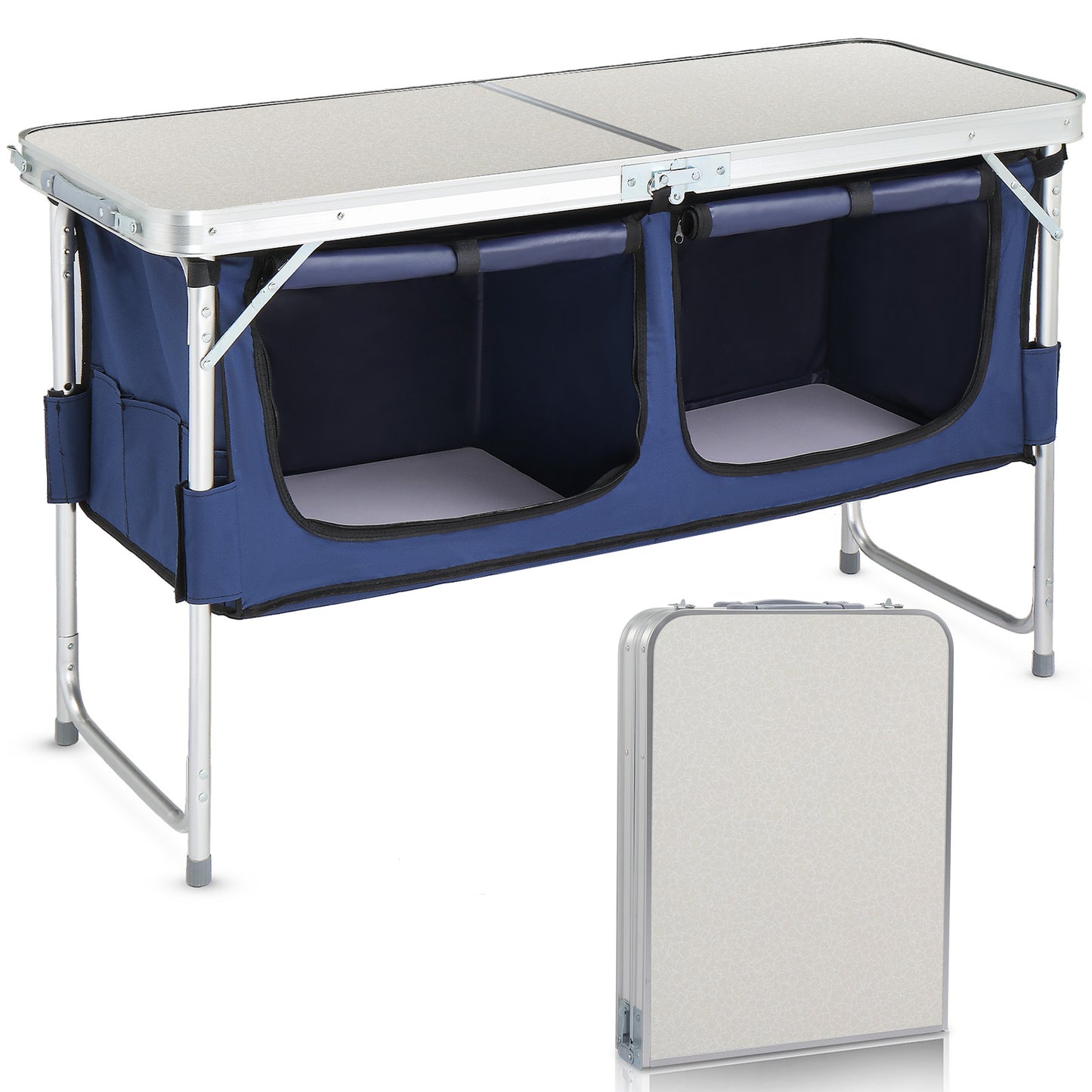 Table de camping pliante en aluminium 120 cm avec 2 compartiments de rangement, pique-nique et barbecue