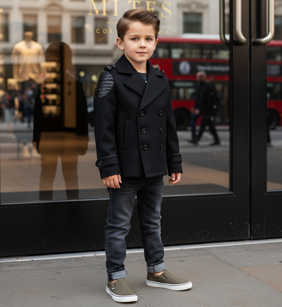 Boys Short Black Cashmere Coat 3-7Y Double Breasted Warm Trendy Jacket