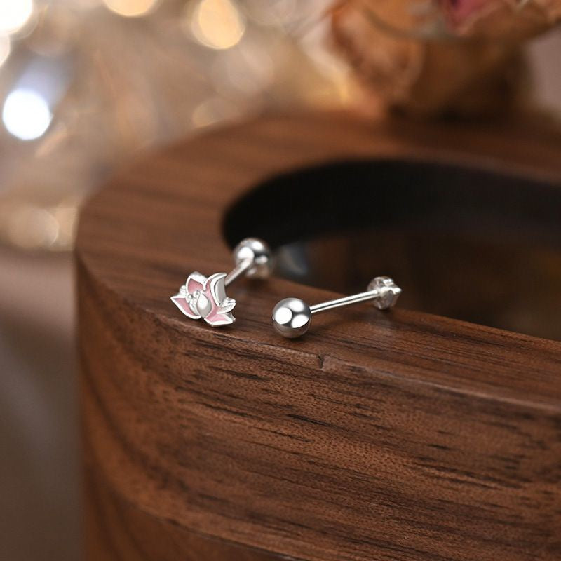 Boucles d'Oreilles Lotus Asymétriques Argent 999 Émaillé