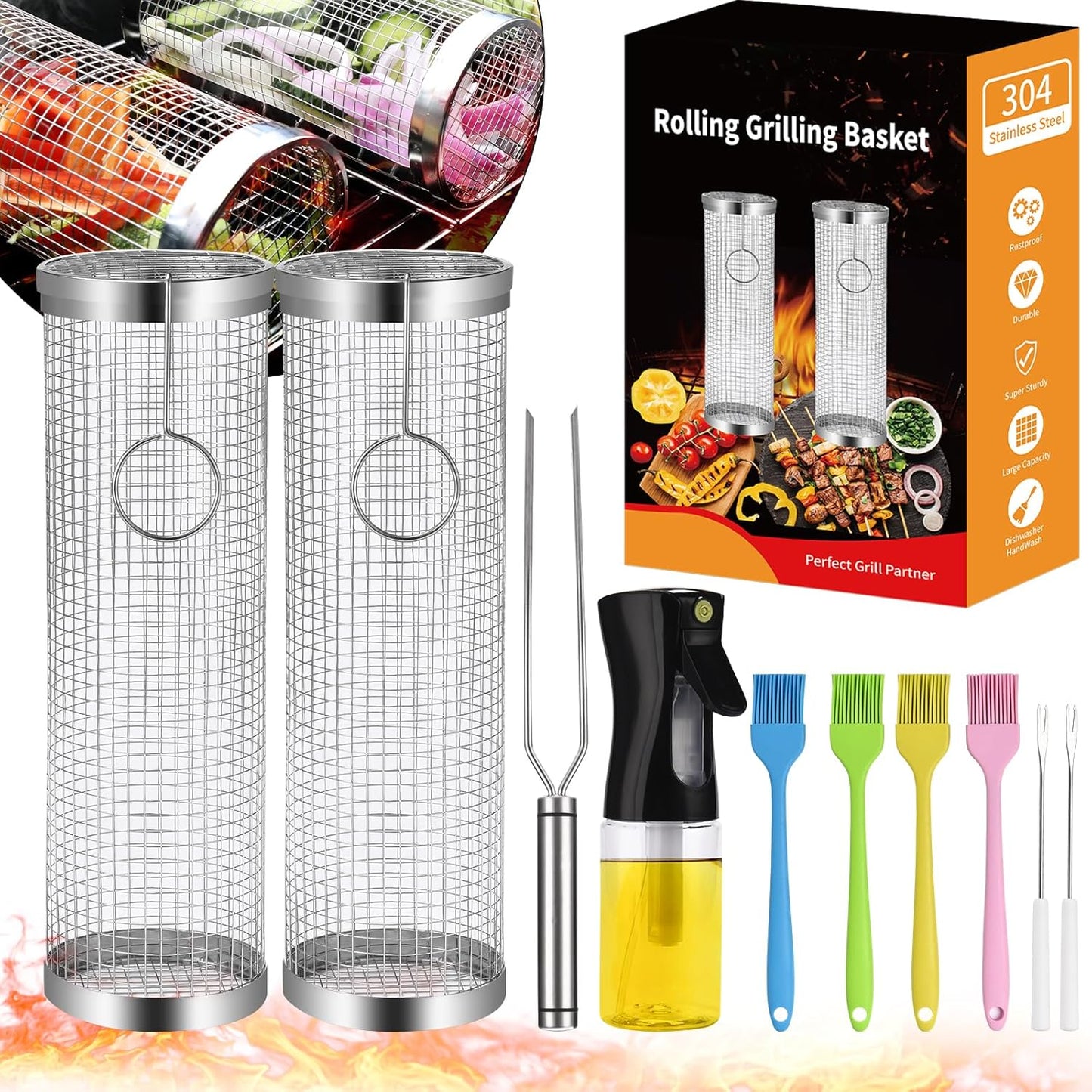 Rolling Grill Basket Grill Gifts For Men, 304 Stainless Steel, All-in-One Grilling Accessories For Vegetable Meat Food, Smoker BBQ Tools For Cooking Camping, Dad Husband Birthday Gifts