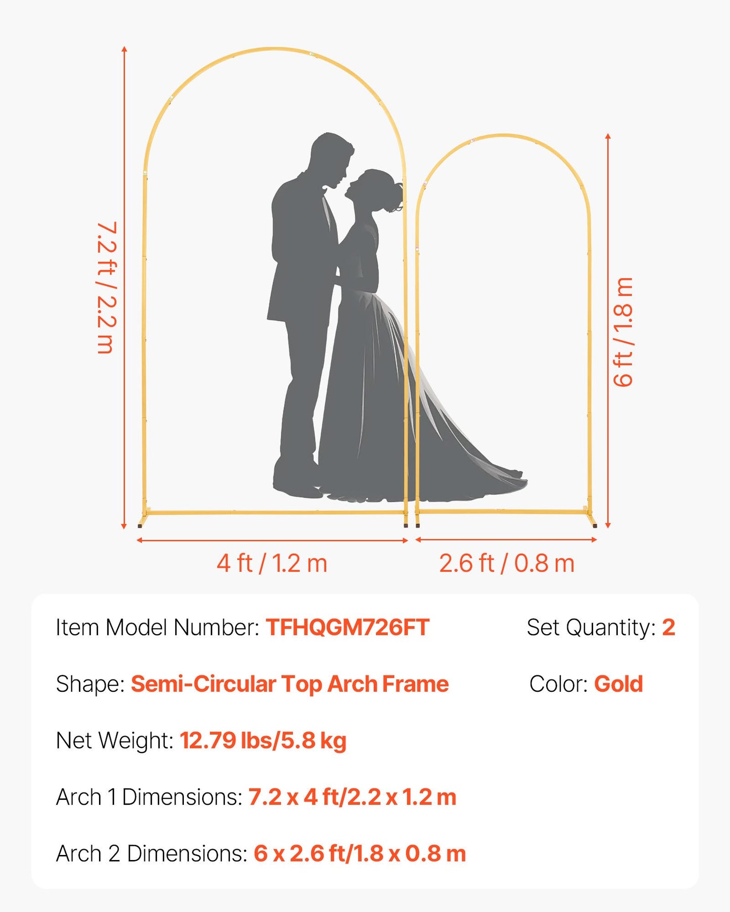 Arch Backdrop Stand, Set Of 2, 7.2 Ft And 6 Ft, Stable Structure, Easy Assembly, Gold Metal Arch Backdrop Stand For Wedding, Birthday Party, Graduation, Celebration, And Ceremony Decoration