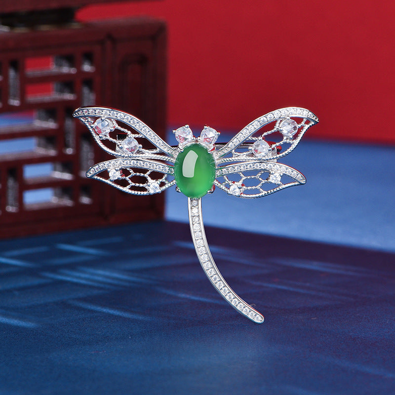 Broche Libellule Argent S925 - Chrysoprase Verte Cabochon