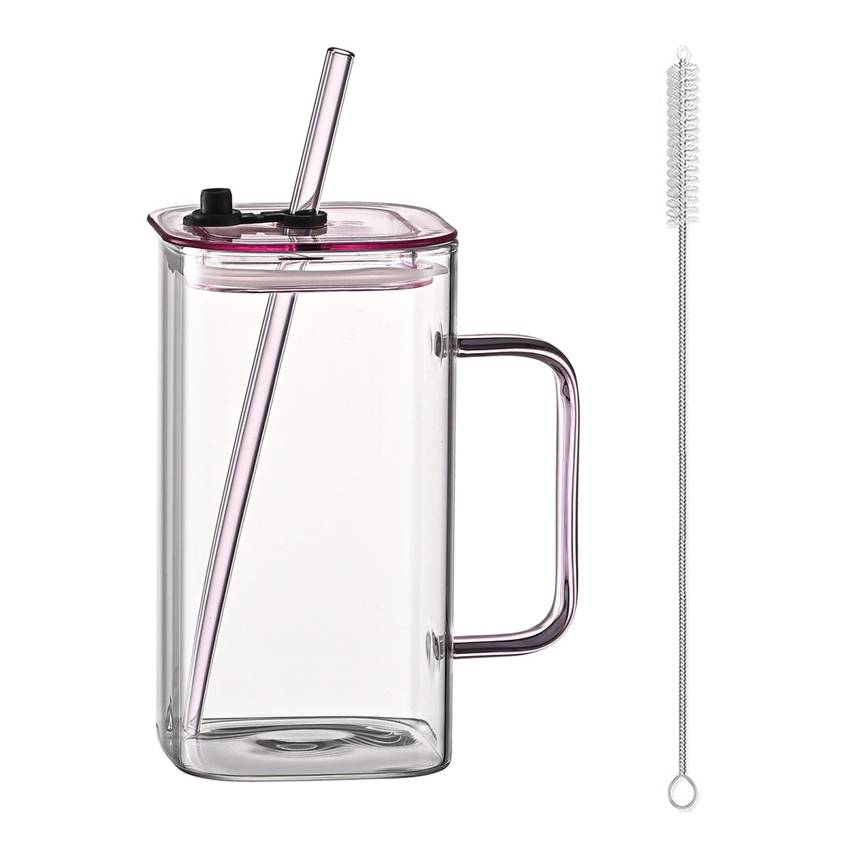 1 Pcs Pink Glass Straw Cup, 4 Colors Square Glass Cup With Straw And Lid, High Borosilicate Glass Cup, Milk Cup, Juice Cup, Cold Drink Cup, Coffee Cup, Tea Cup, Office Cup, Gift Cup