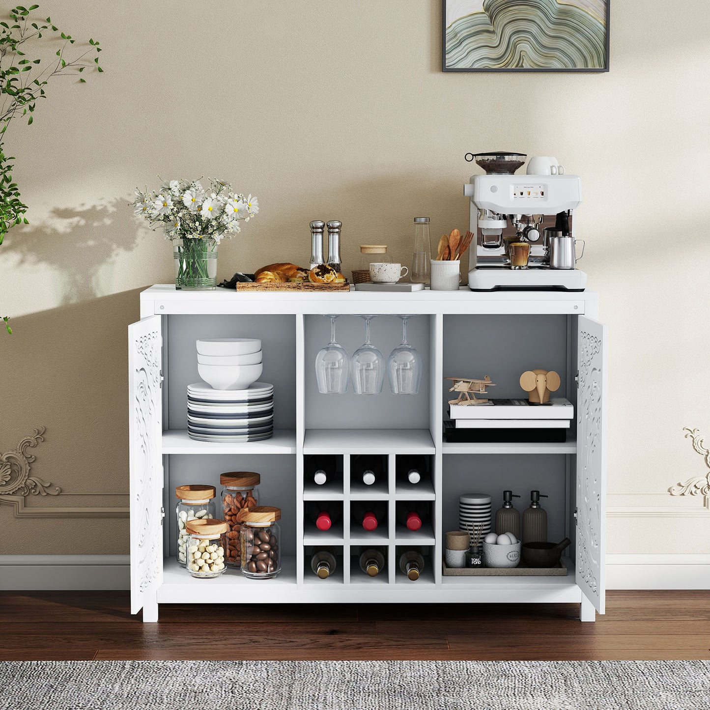 Wine Bar Cabinet With 2 Doors Buffet Storage Liquor Cabinet With Wine Rack And Glass Holder For Living Dining Room Kitchen