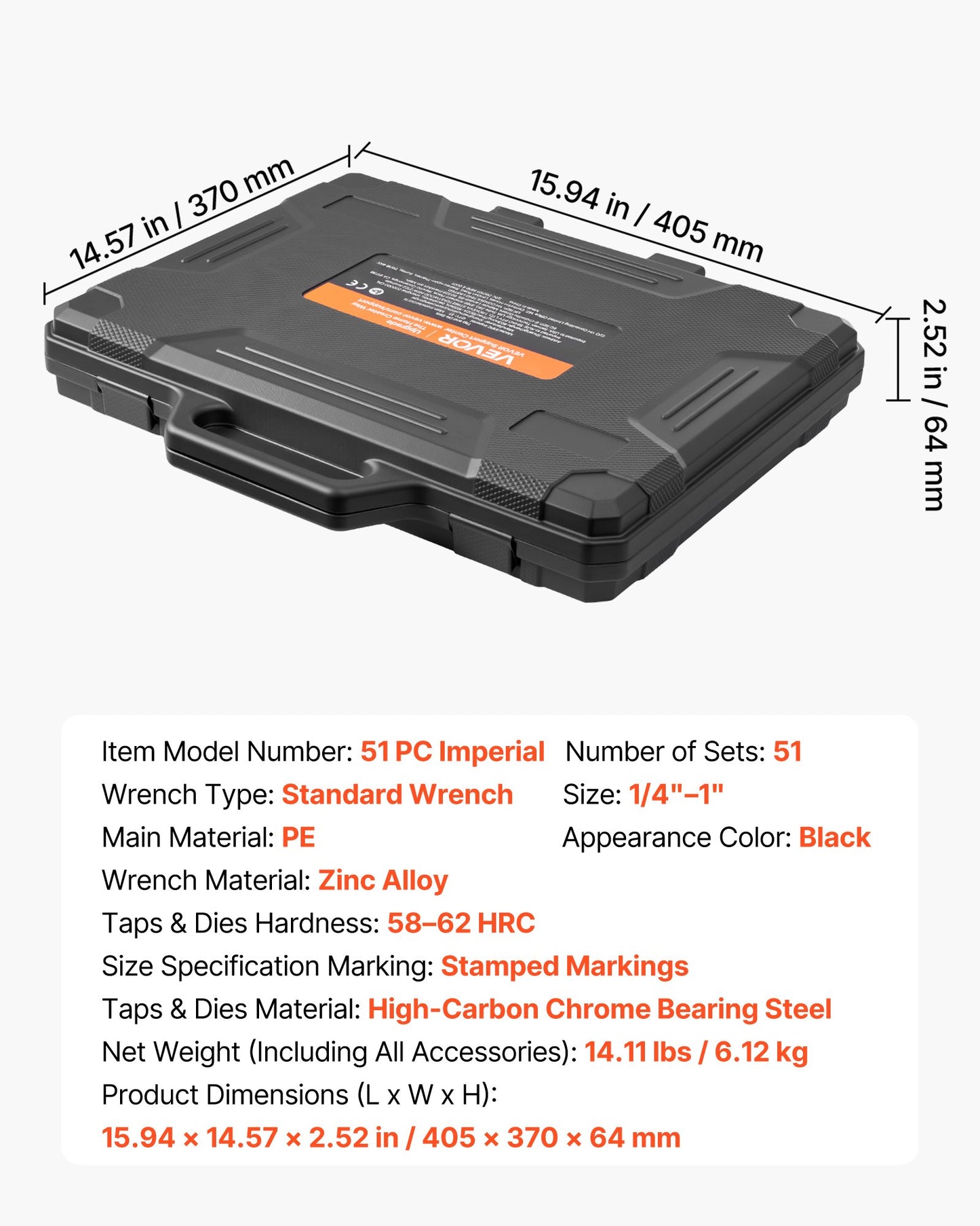 Tap And Die Set, 51-Piece SAE Sizes 1/4" To 1", With Coarse And Fine Thread Taps And Dies, Wrench, Carrying Case And Complete Accessories, Bearing Steel, For Threading And Rethreading Threads