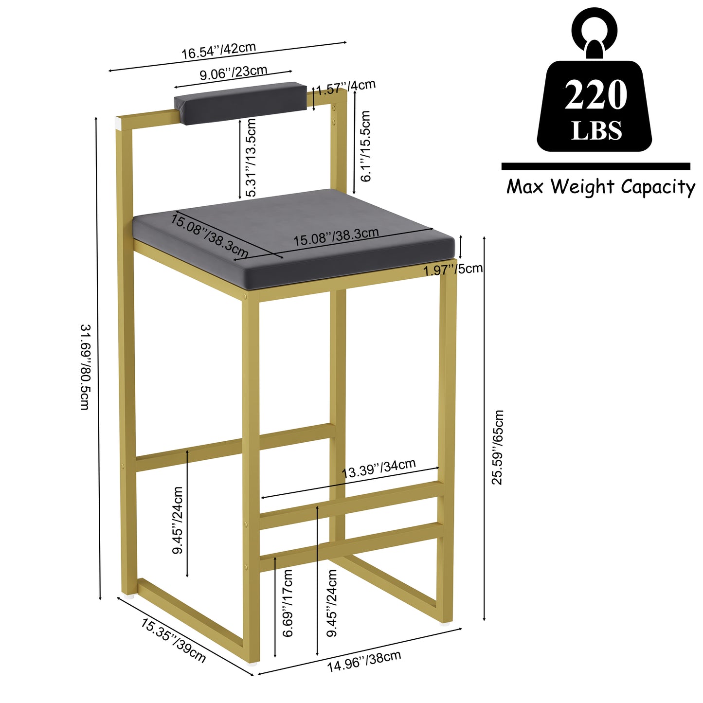 Lot de 2 Tabourets de Bar Velours - Dossier & Repose-pieds