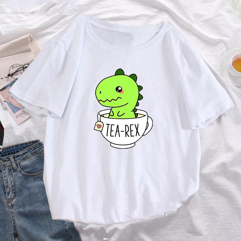 Dinosaur Tea Cup Letter Print Short Sleeve