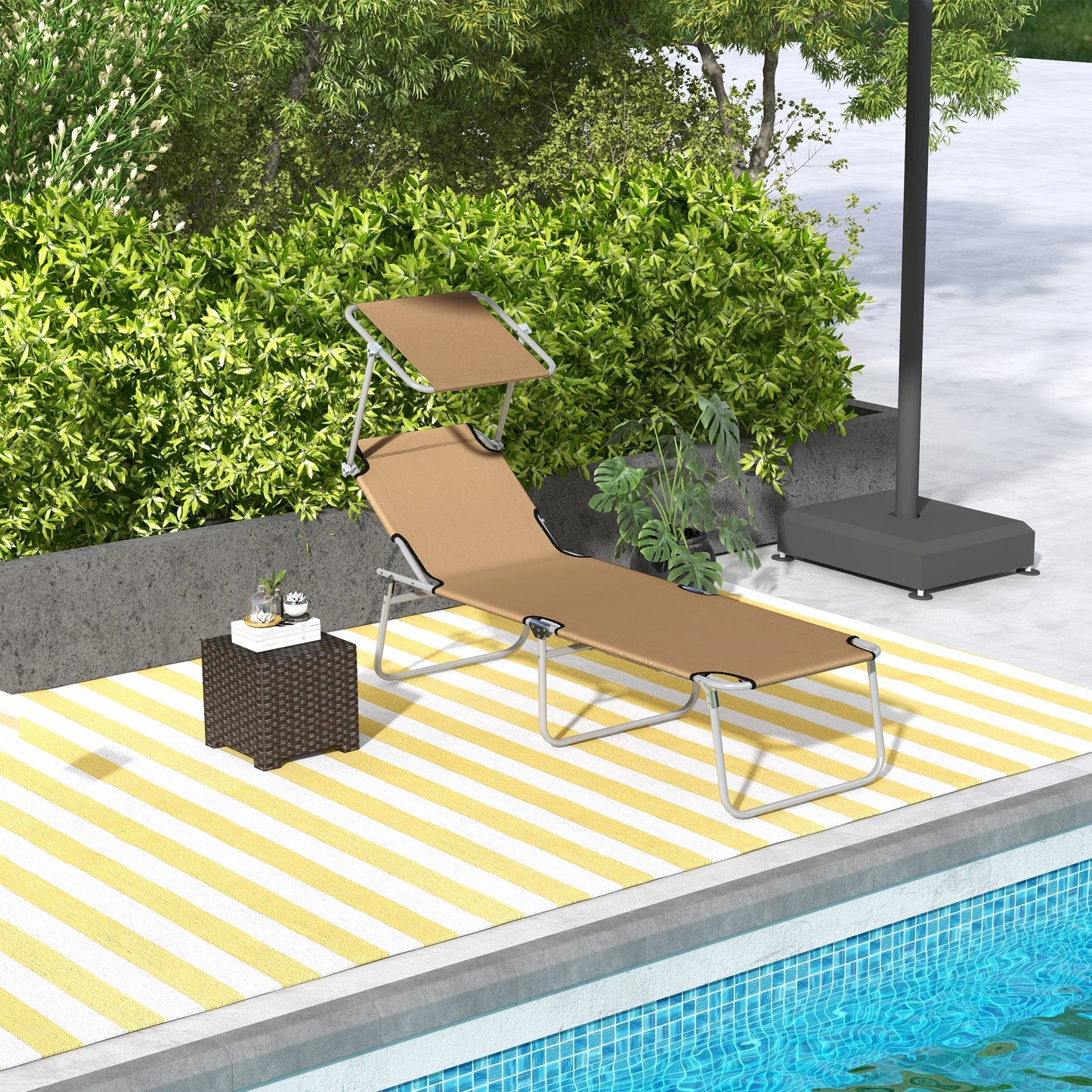 Outdoor Pool Chaise Lounge Chair, Folding Tanning Chair With Sun Shade, Tan