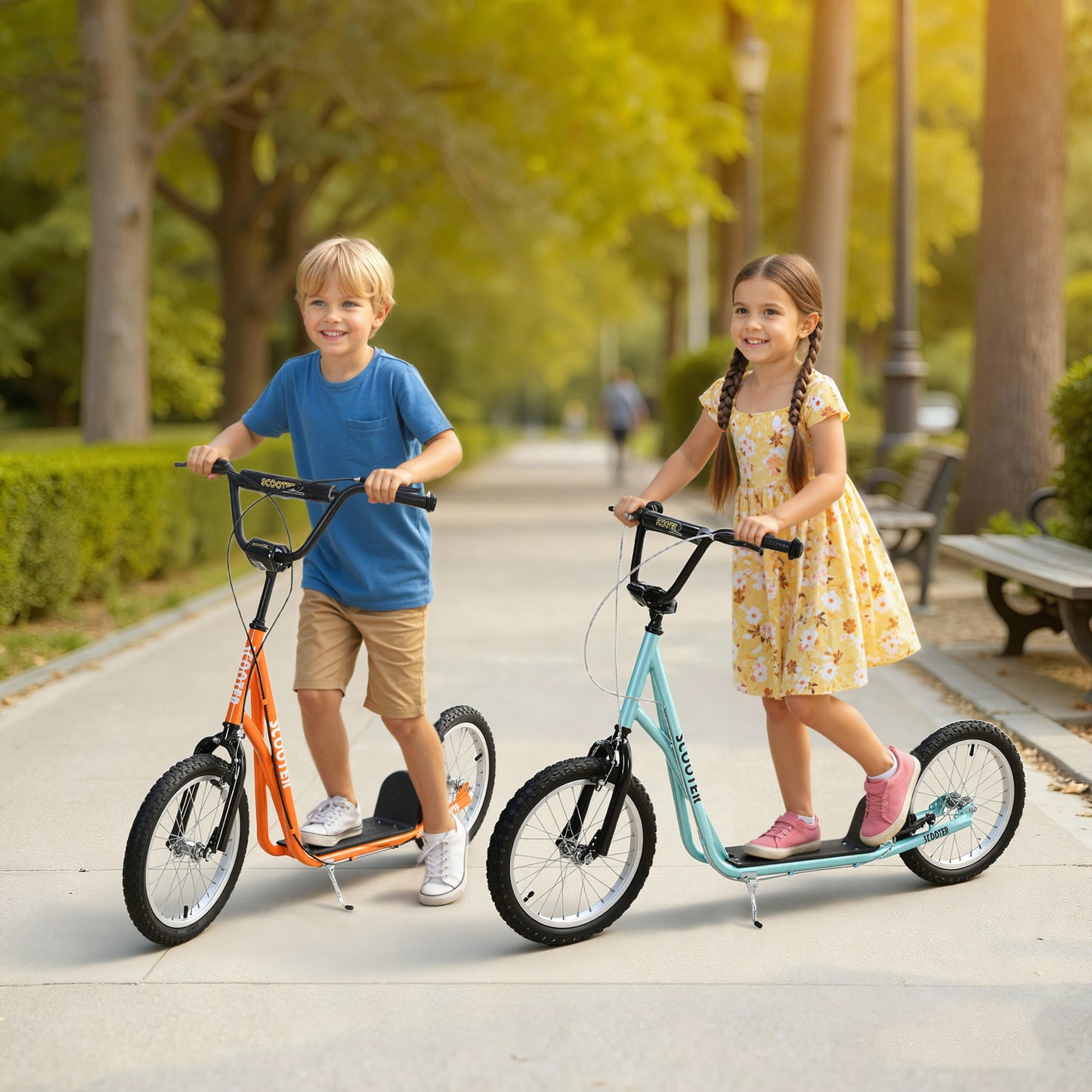 Youth Scooter Kick Scooter For Kids 5+, Max Load 220 LBS., With Adjustable Handlebar, 16" Inflatable Wheels, Dual Brakes, Blue