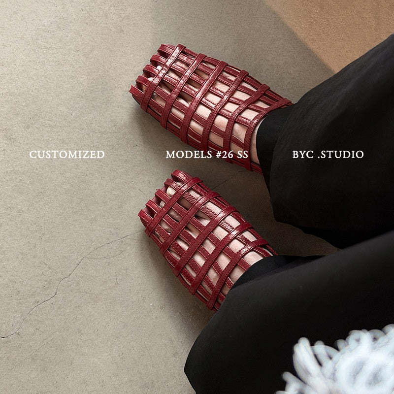 Women's Handmade Full - Grain Leather Woven Caged Flat Sandals, Square Toe Sheep