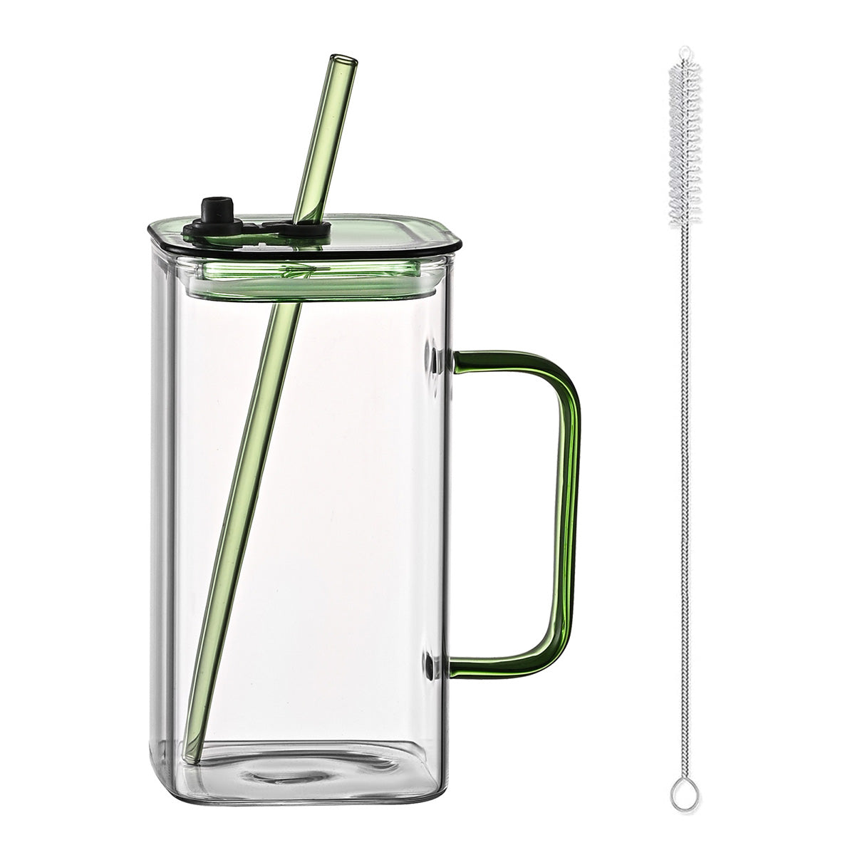 1 Pcs Green Glass Straw Cup, 4 Colors Square Glass Cup With Straw And Lid, High Borosilicate Glass Cup, Milk Cup, Juice Cup, Cold Drink Cup, Coffee Cup, Tea Cup, Office Cup, Gift Cup