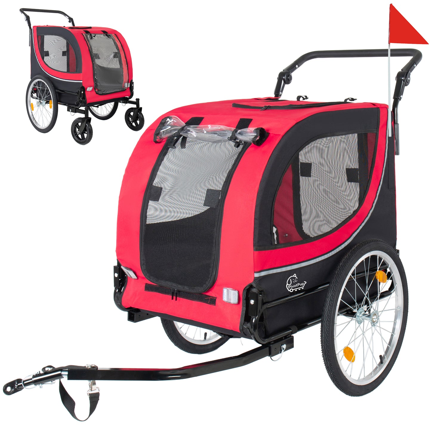 2-in-1 Bike Trailer & Pet Stroller For Dogs Up To 100lbs Foldable Pet Carrier Cart With Two 8 Front Caster & 20 Quick Release Air-Filled Wheels, Breathable Mesh And PVC Rain Cover, Red