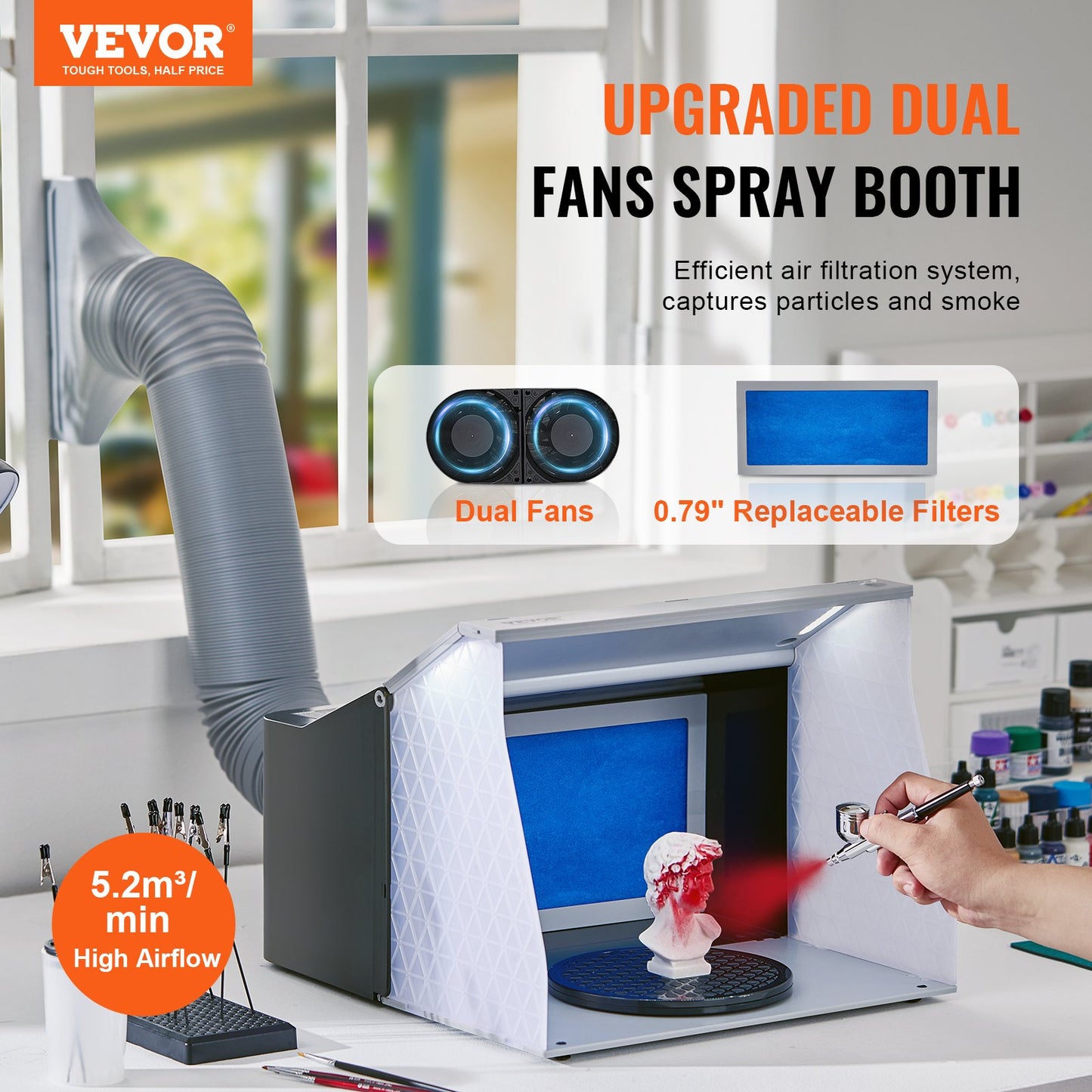 Airbrush Spray Booth, Portable Hobby Airbrush Paint Spray Booth Kit With 4 LED Light, Powerful Dual Exhaust Fans, Turntable And 6 Ft Extension Hose, For Painting Models, Arts, Crafts, Cakes