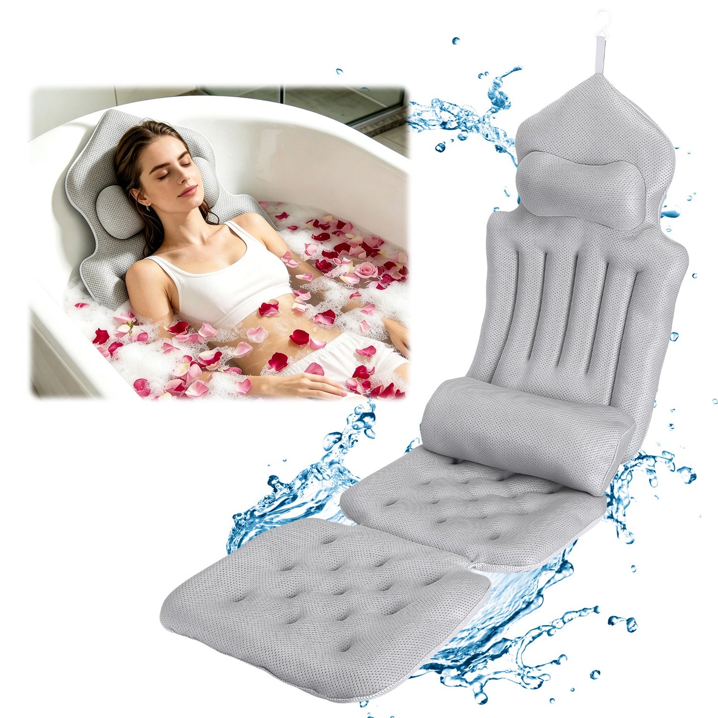 1Pc Full Body Bath Pillow With Headrest Lumbar Support Quick-Drying Bathtub Cushion With Breathable 4D Honeycomb Mesh Cushion Nonslip Machine Washable