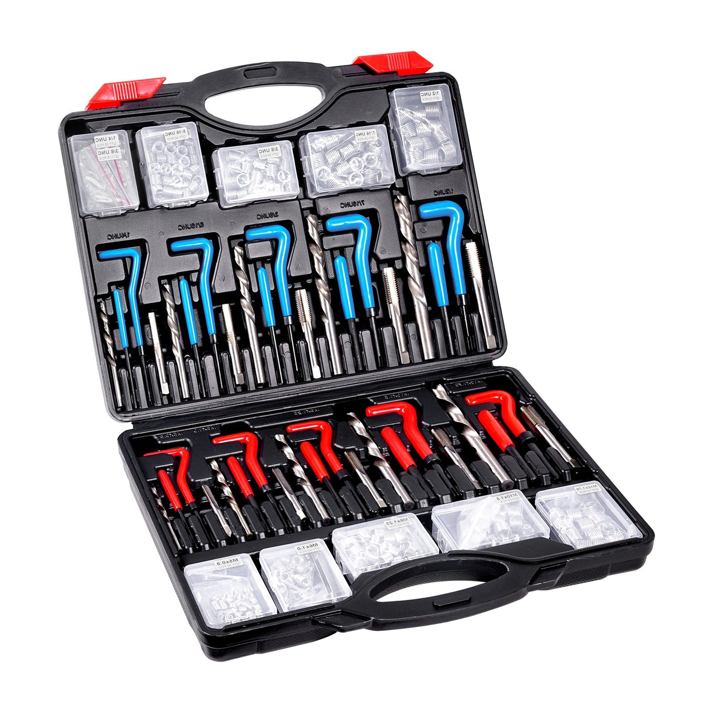 Helicoil Thread Repair Kit, 338-Piece SAE And Metric Rethreading Tool Kit, M5, M6, M8, M10, M12, 1/4", 5/16", 3/8", 7/16", 1/2", HSS Drill Bits Thread Inserts Taps Breakoff Installation Tools