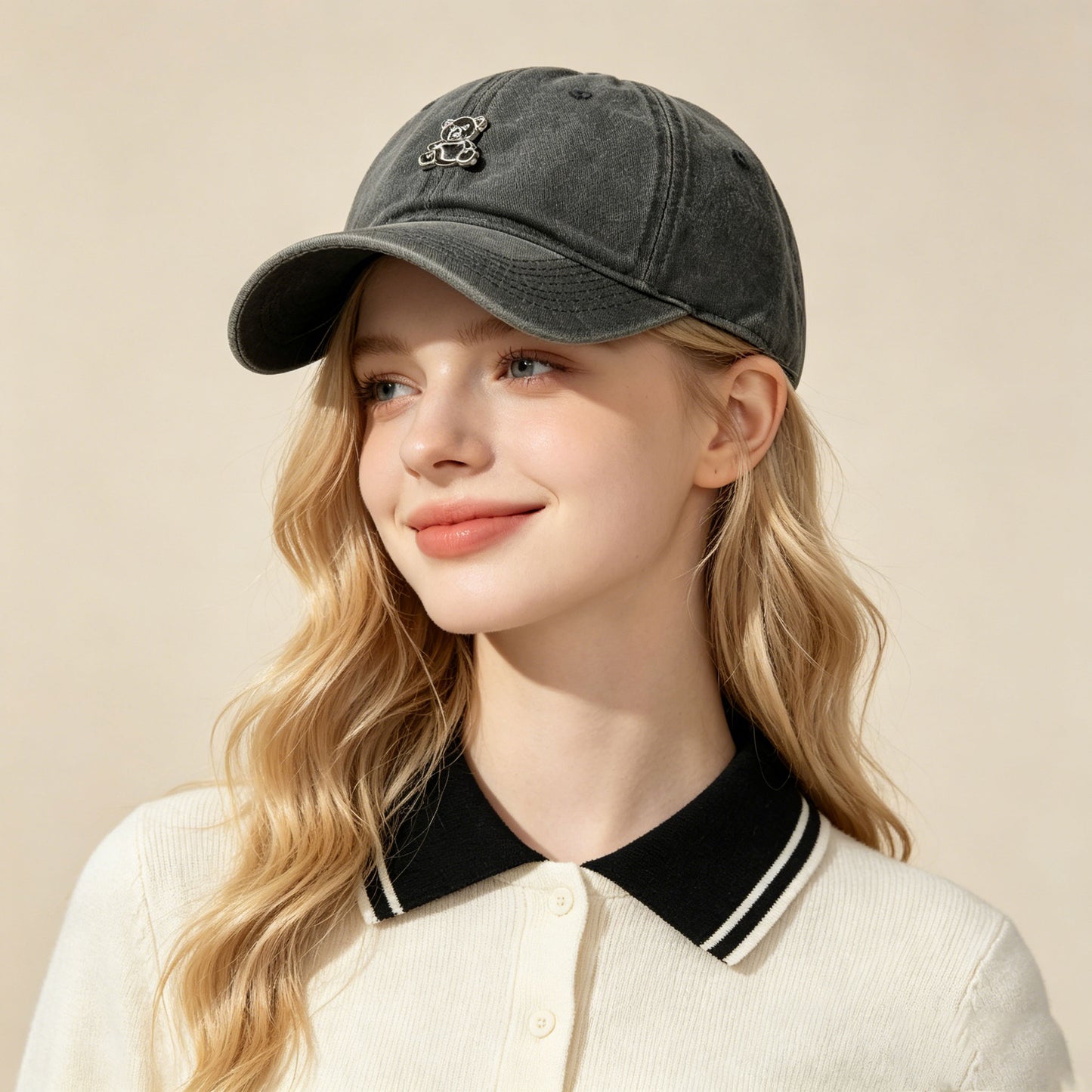 Cute Teddy Bear Vintage Washed Dad Hat 3D Metal Emblem Adjustable Streetwear Cap