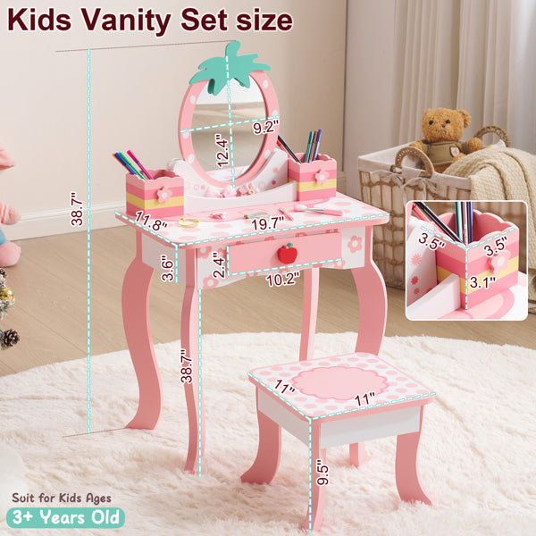 Pink MDF Spray-painted - Apple-printed 1-drawer 2-desktop Storage Box Children's Dressing Table Set