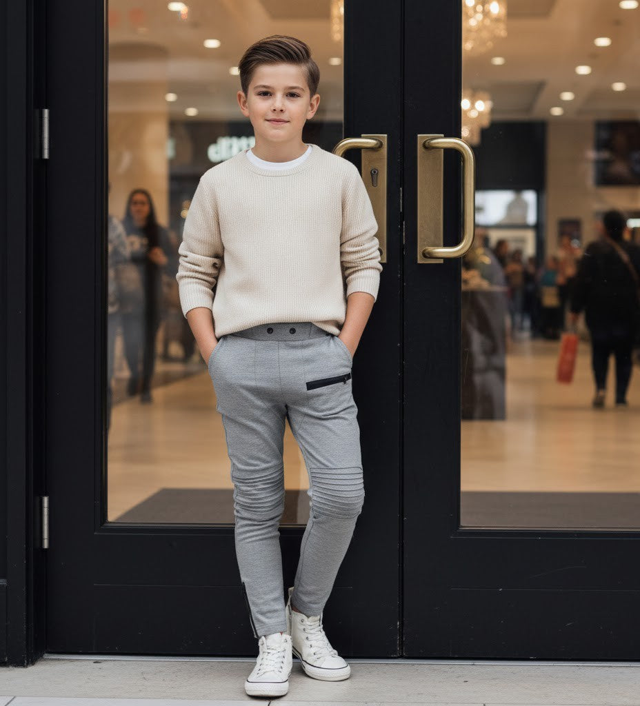 Boys Slim Fit Grey School Trousers Kids Smart Casual Pants Elastic Waist 6-12Y