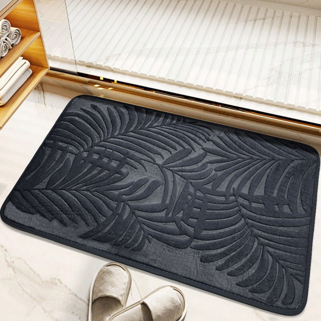 Non-slip Bath Mat 40 X 60 Cm, Thick And Absorbent, Memory Foam, Leaf Pattern - Dark Grey