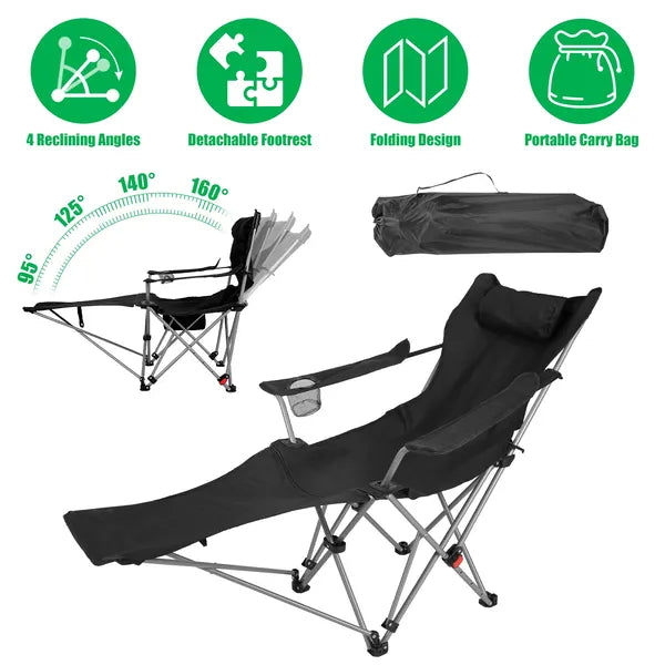 Chaise de camping inclinable pliante avec repose-pieds, 4 positions réglables, porte-gobelet et poche latérale