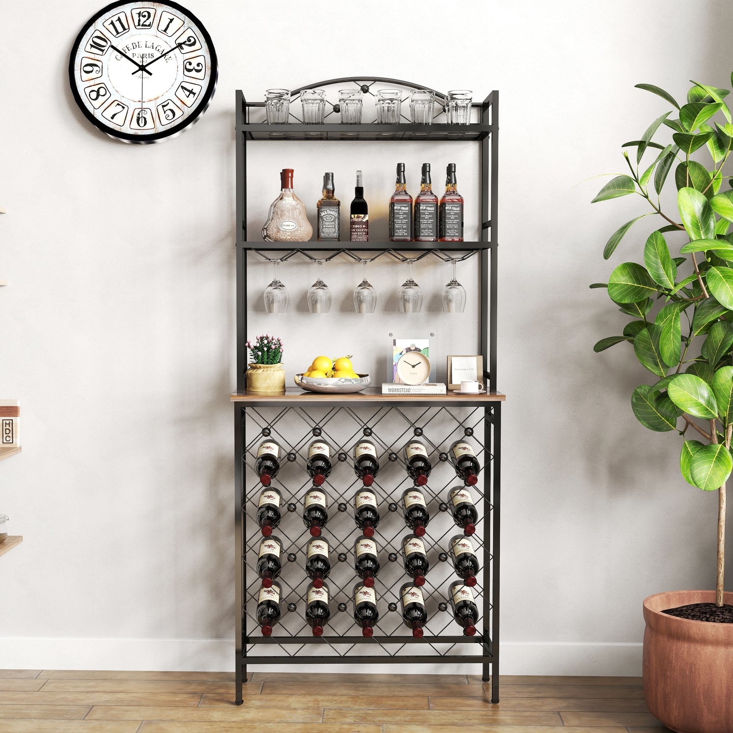 Industrial Wine Rack Bar Table, 3-Tier Liquor Bottle And Glass Holder With Storage Shelves, Metal And Wood Wine Organizer For Home Kitchen, Dining Room, And Living Room