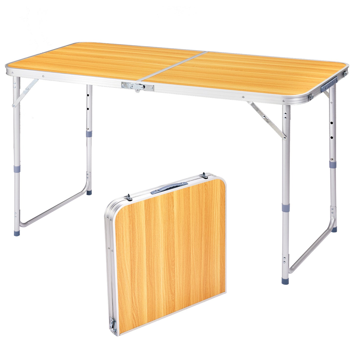 Table de camping pliante en aluminium 120 x 60 cm, hauteur réglable, aspect bois