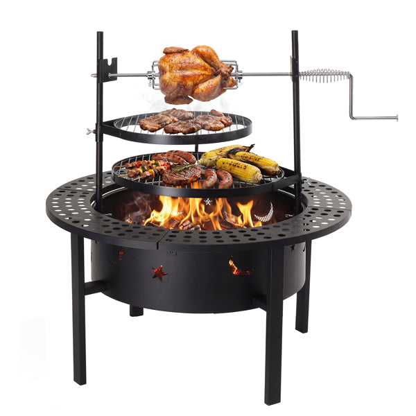 33 Inch Outdoor Fire Pit With 2 Cooking Grills, Wood Burning Firepit With Removable Swivel Grill, For Deck Bonfire Patio Picnic, Black