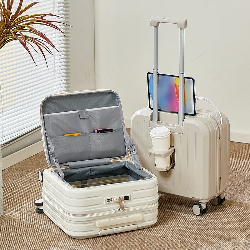 Valise cabine 20 pouces à ouverture frontale avec plateau, porte-gobelet pliable, support téléphone et double USB