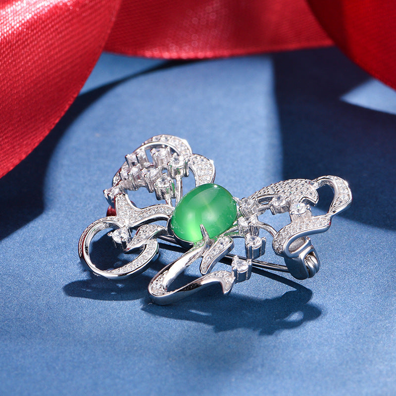 Broche Papillon Argent S925 - Chrysoprase Verte Cabochon