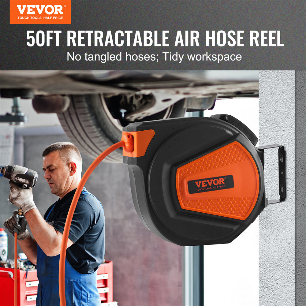 VEVOR Retractable Air Hose Reel, 3 8 IN X 50 FT Hybrid Air Hose Max 300PSI, Air Compressor Hose Reel With 5 Ft Lead In, Ceiling Wall Mount Enclosed Air Reel, 180 Swivel Mount