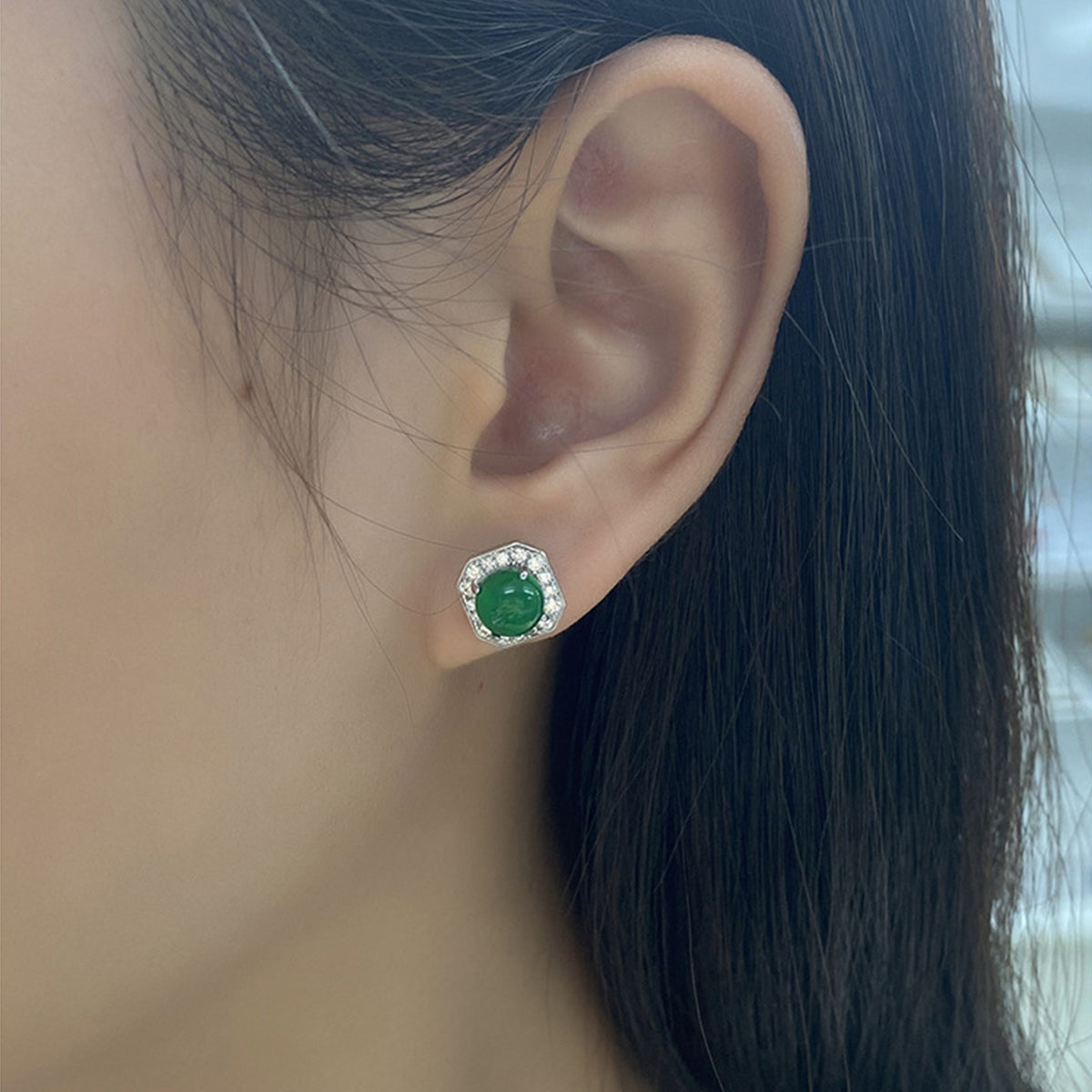 Boucles d'Oreilles Puces Halo Octogone Argent S925 - Chrysoprase