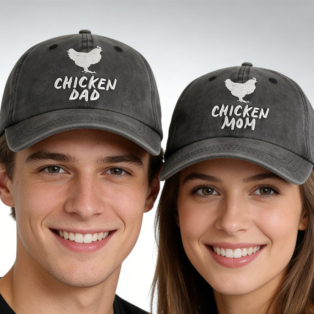 Set Of 2 Pcs Chicken Dad And Chicken Mom Hat, Funny Adjustable Washed Cotton Embroidered Farm Baseball Cap