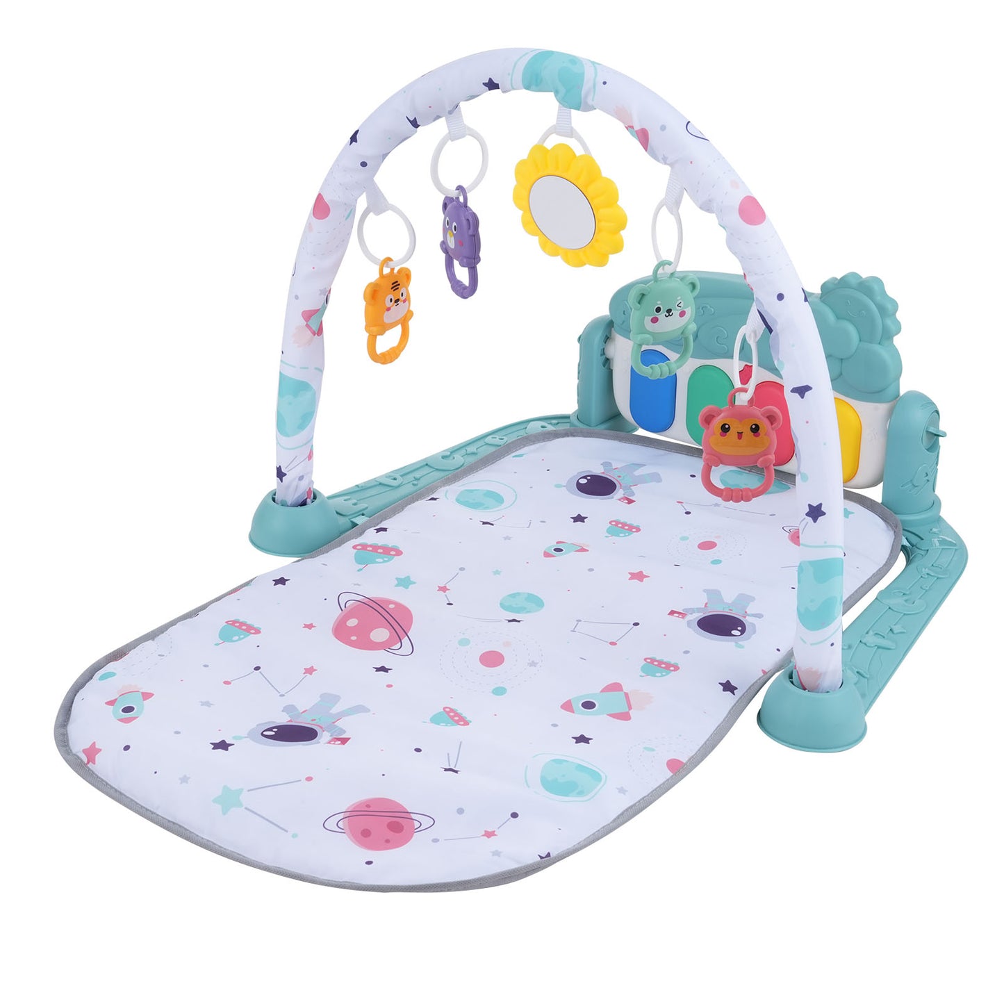 Baby Play Mat With Piano Keyboard & Deatchable Hanging Toys, Kick And Play Musical Activity Gym, Tummy Time Crawling Mat For Infants 0-12 Months, 4 Colorful Hanging Toys And Sun Flower Mirror