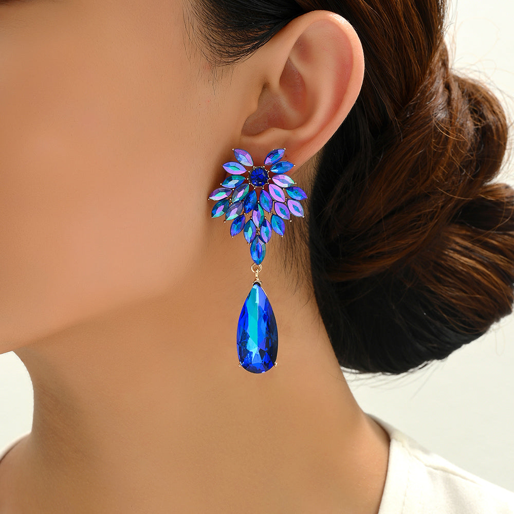 Floral Crystal Teardrop Dangle Earrings Statement Rhinestone Drop Jewelry For Women Party Wedding Bridal Prom