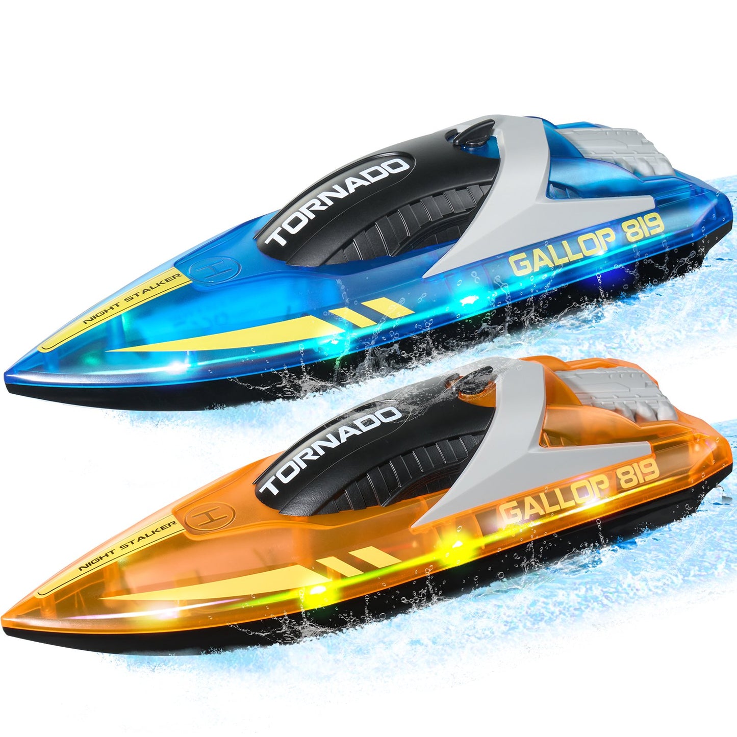 RC Boat, 2 Pack 2.4GHz 12 Km/h, Remote Control Boat For Pools & Lakes, Racing Boat With LED Light, 4 Rechargeable Batteries, Whole Body Waterproof, Gift For Adults Boys & Girls, Blue & Orange