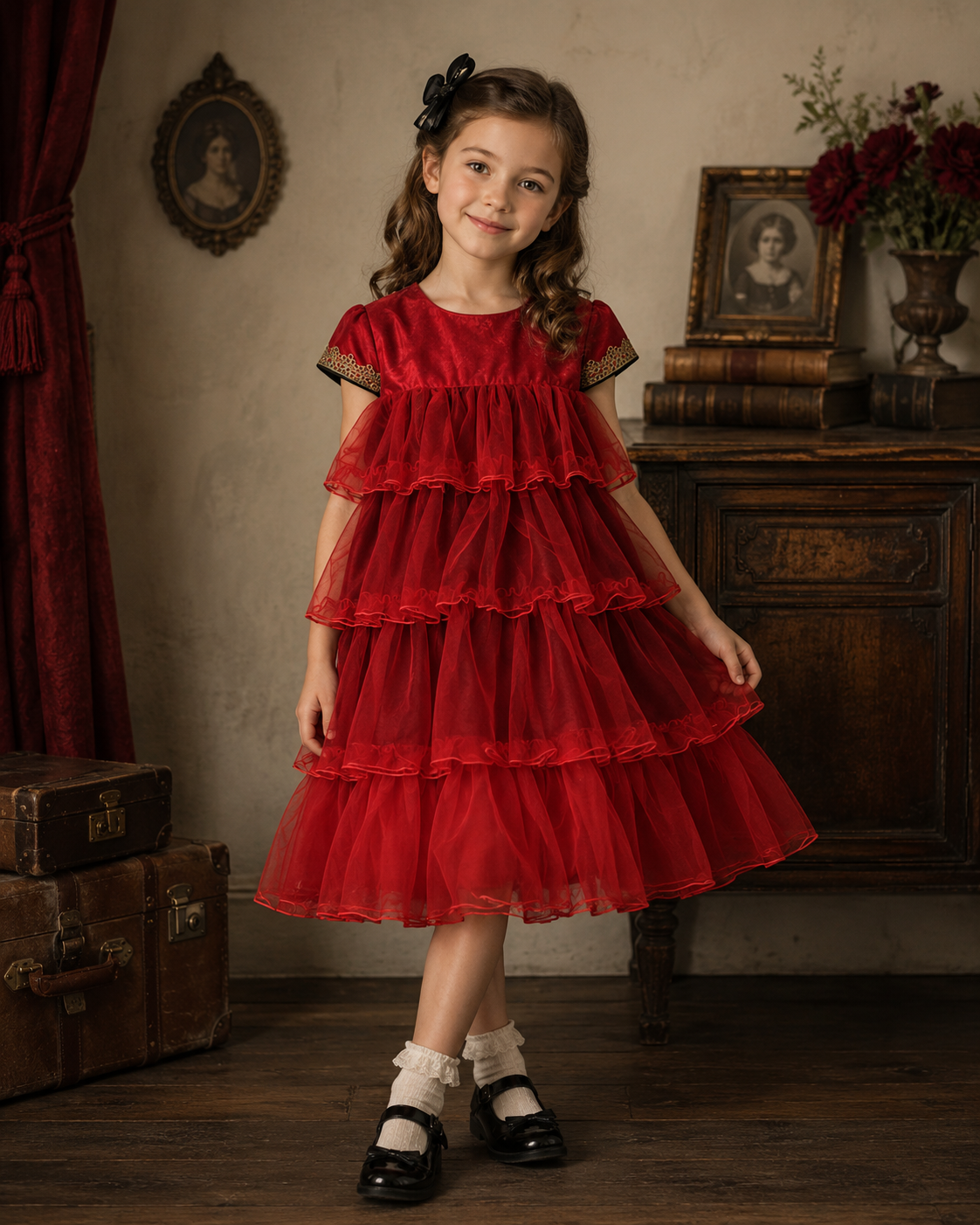Girls Red Party Dress Tulle Layered Birthday Wedding Princess Dress Age 6-10Y