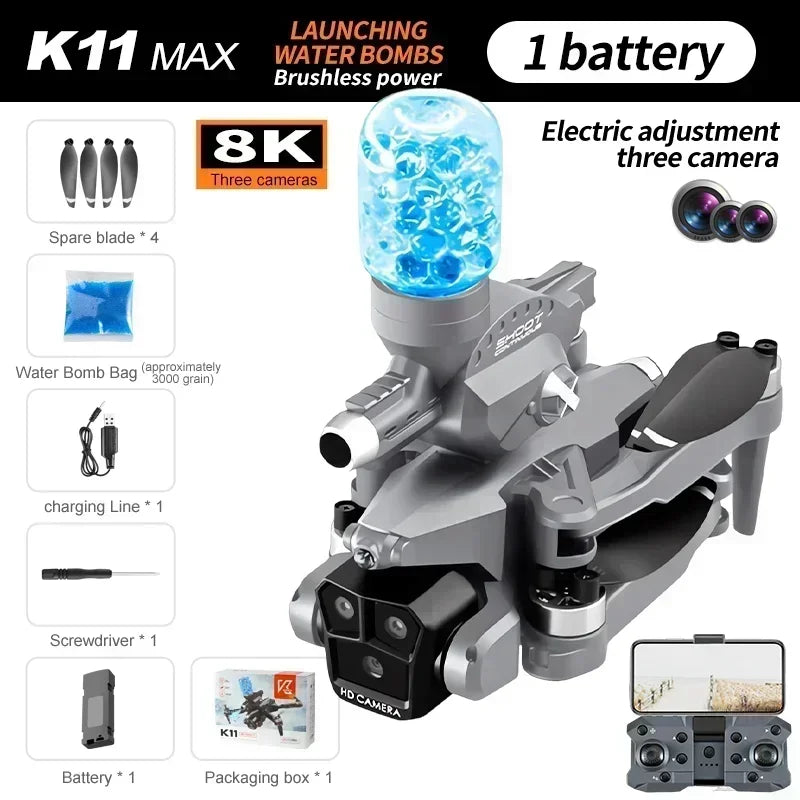 K11 MAX Drone 8K HD pliable FPV ESC RC Tripple caméra positionnement du flux optique sans brosse lancement bombes d'eau