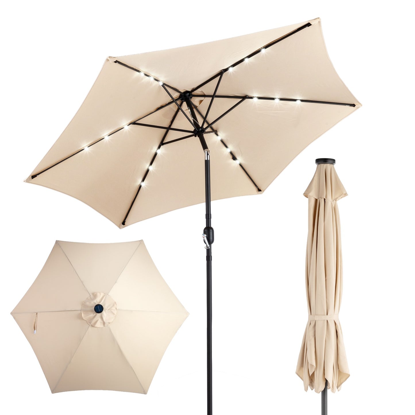Parasol solaire LED 9 pieds 6 baleines avec inclinaison et manivelle, beige