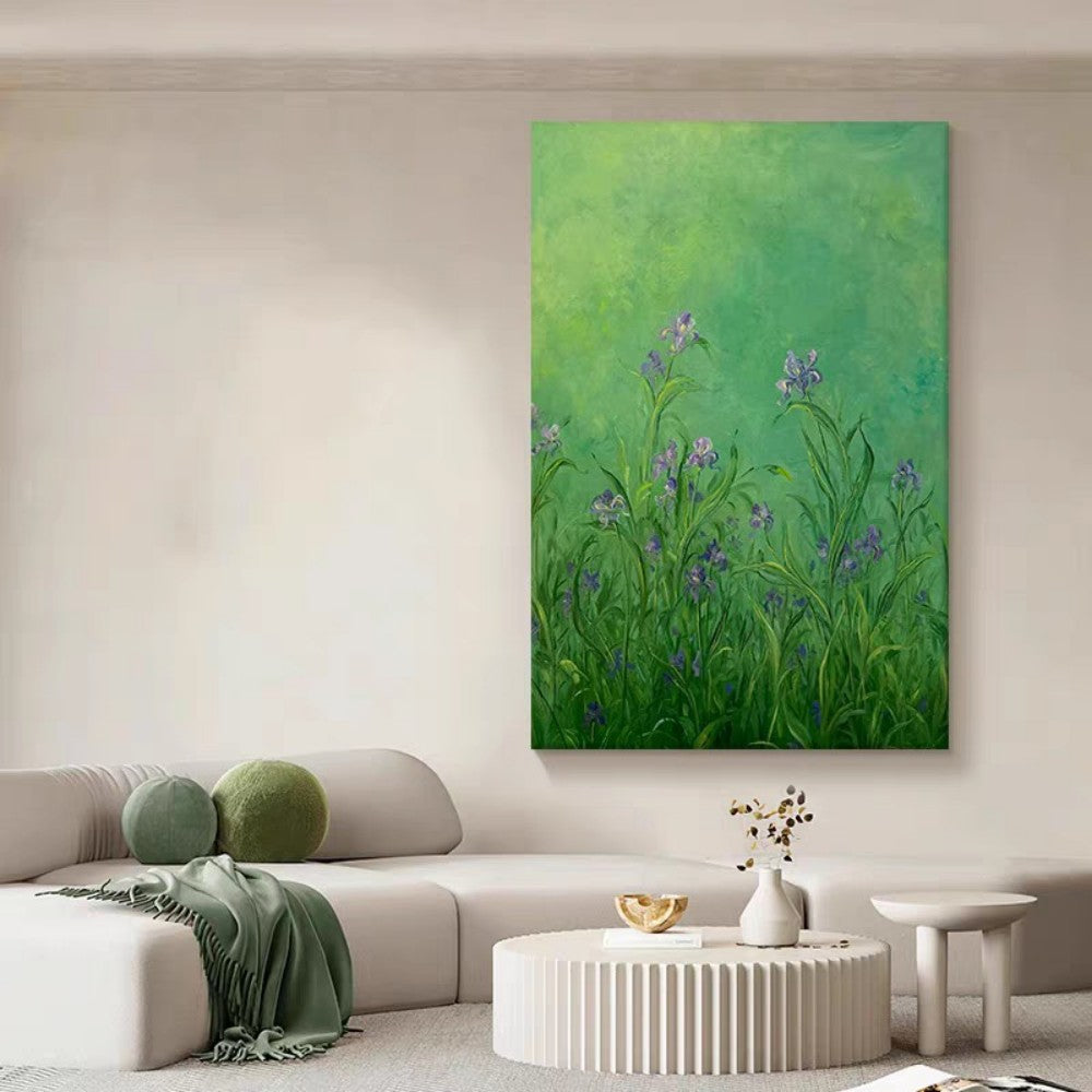 Handmade Abstract Frameless Artwork Canvas Oil Paintings Modern Fresh And Light Green Iris Flower Decorative Dining Room Decor Rolled Frameless Unstretched Painting