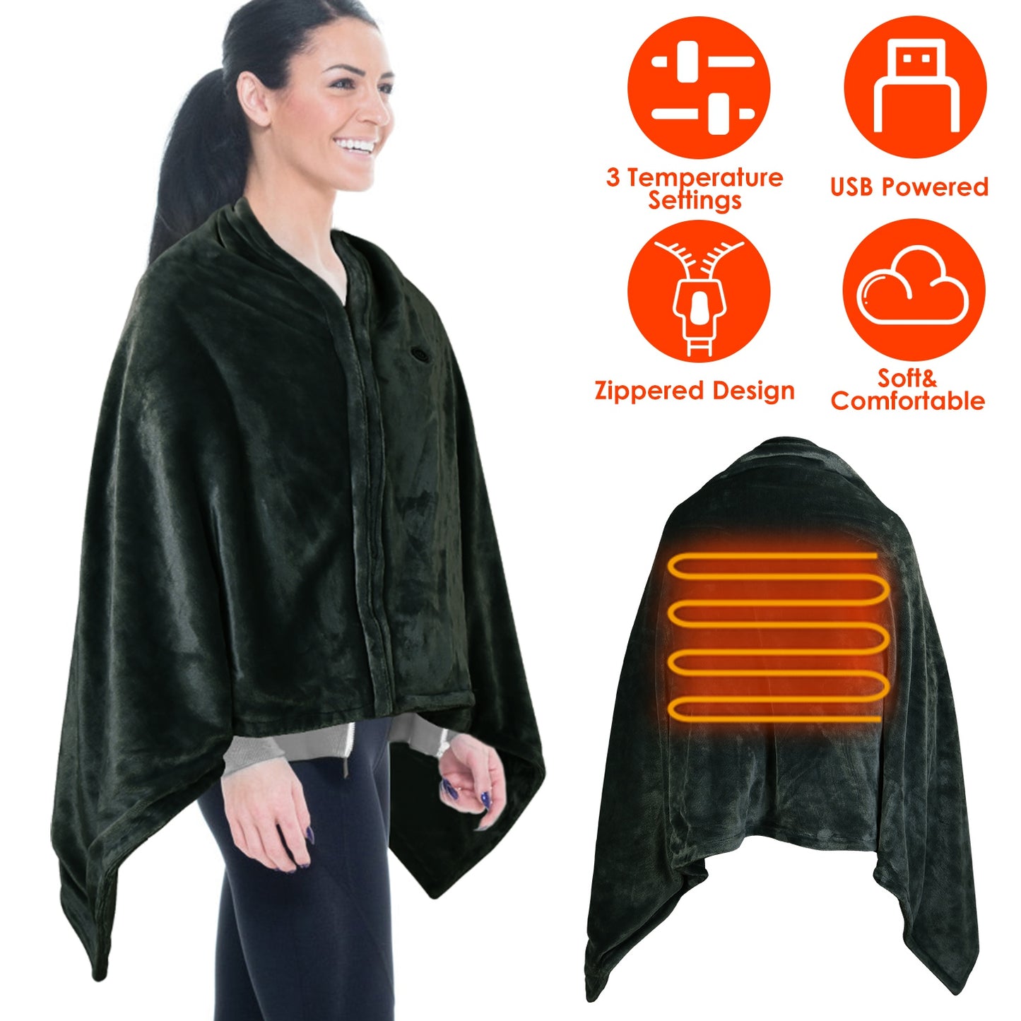1Pc 59x31in USB Heated Blanket Electric Heated Blanket Heated Poncho Shawl Wrap Throw With Zipper Washable For Home Office No Power Bank Compatible With CJCD2415461