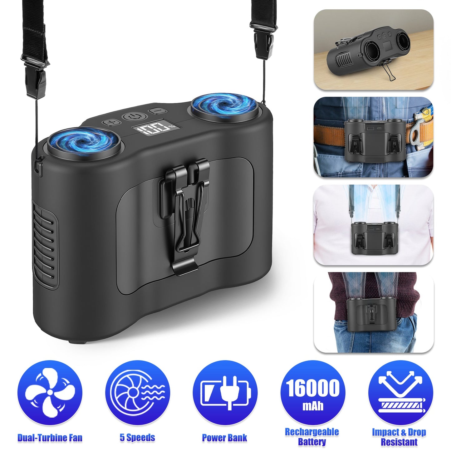 Ventilateur de taille à clip 4 en 1, double turbine, mains libres, 5 vitesses, batterie 16000 mAh, camping
