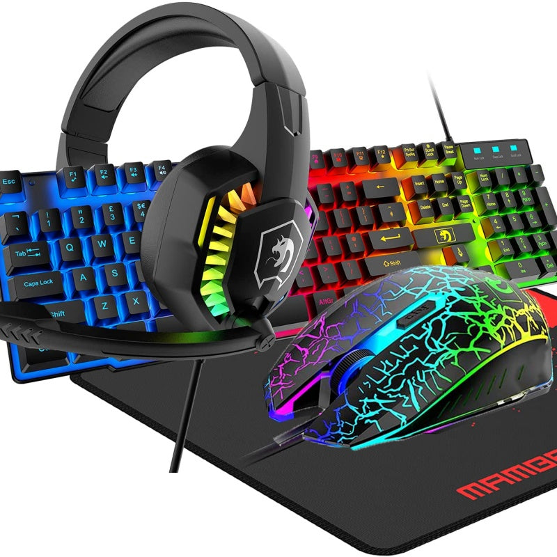 Gaming Keyboard & Mouse & Headset & Mousepad Set RGB Backlit Wired For PC Laptop