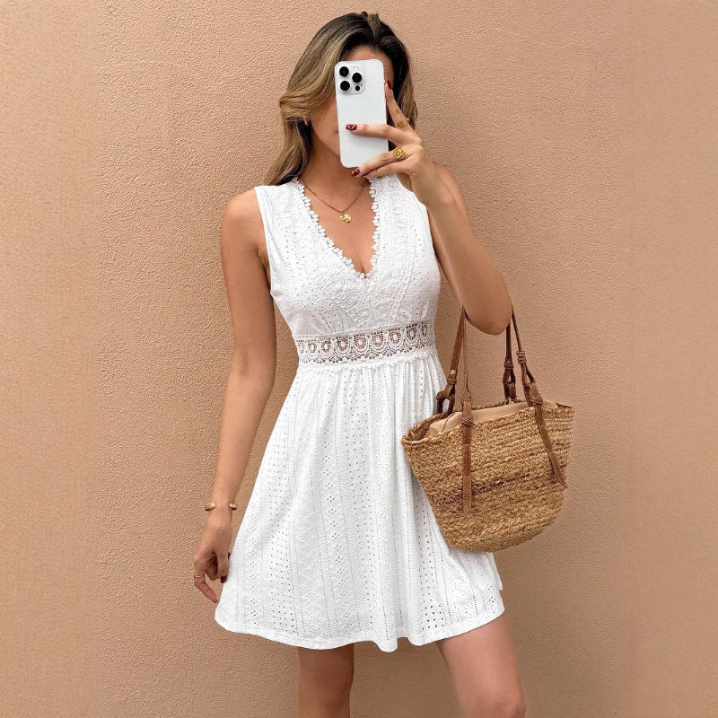 Women's Sleeveless V-Neck Lace Trim Eyelet Embroidery Dress, Casual White Summer Dress