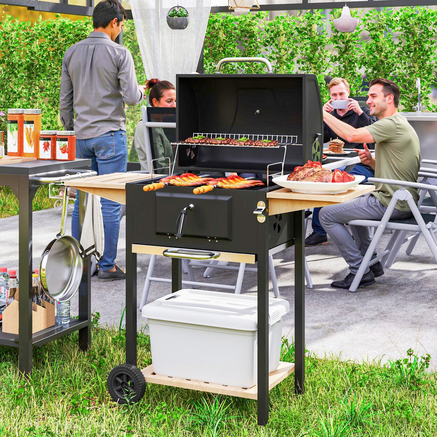 Charcoal BBQ Grill with 245 sq. in. Cooking Area, Adjustable Charcoal Pan, 3 Shelves, Thermometer, Black