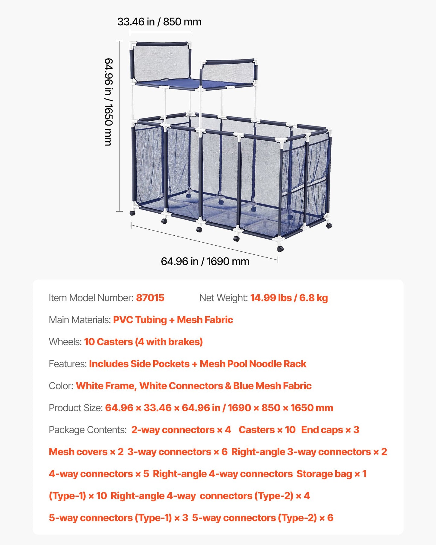 Pool Storage Bin, 64.96 X 33.46 X 64.96 In, Rolling Pool Float Storage Organizer With Side Pockets & Noodles Holder Rack, Durable Plastic Frame, Poolside Toys Mesh Basket For Swimming Pools